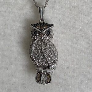 Diamond Owl Champagne Chocolate Accents Pendant 925 Sterling Silver Necklace